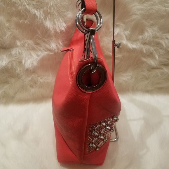 CORAL RHINESTONE BLING DESIGN HOBO HANDBAG - Picture 7 of 8